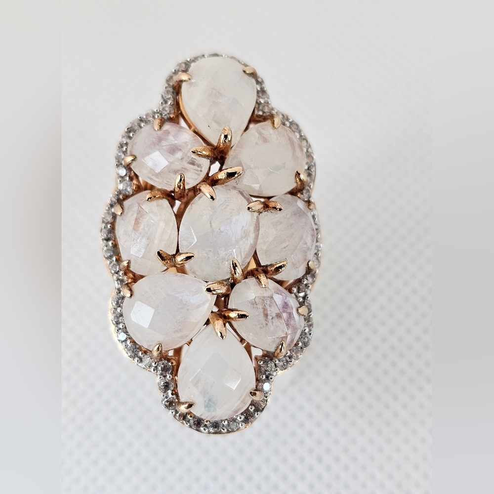 Genuine Moonstone Cluster Ring in 18k Rose Gold Sterling Silver Sz 7